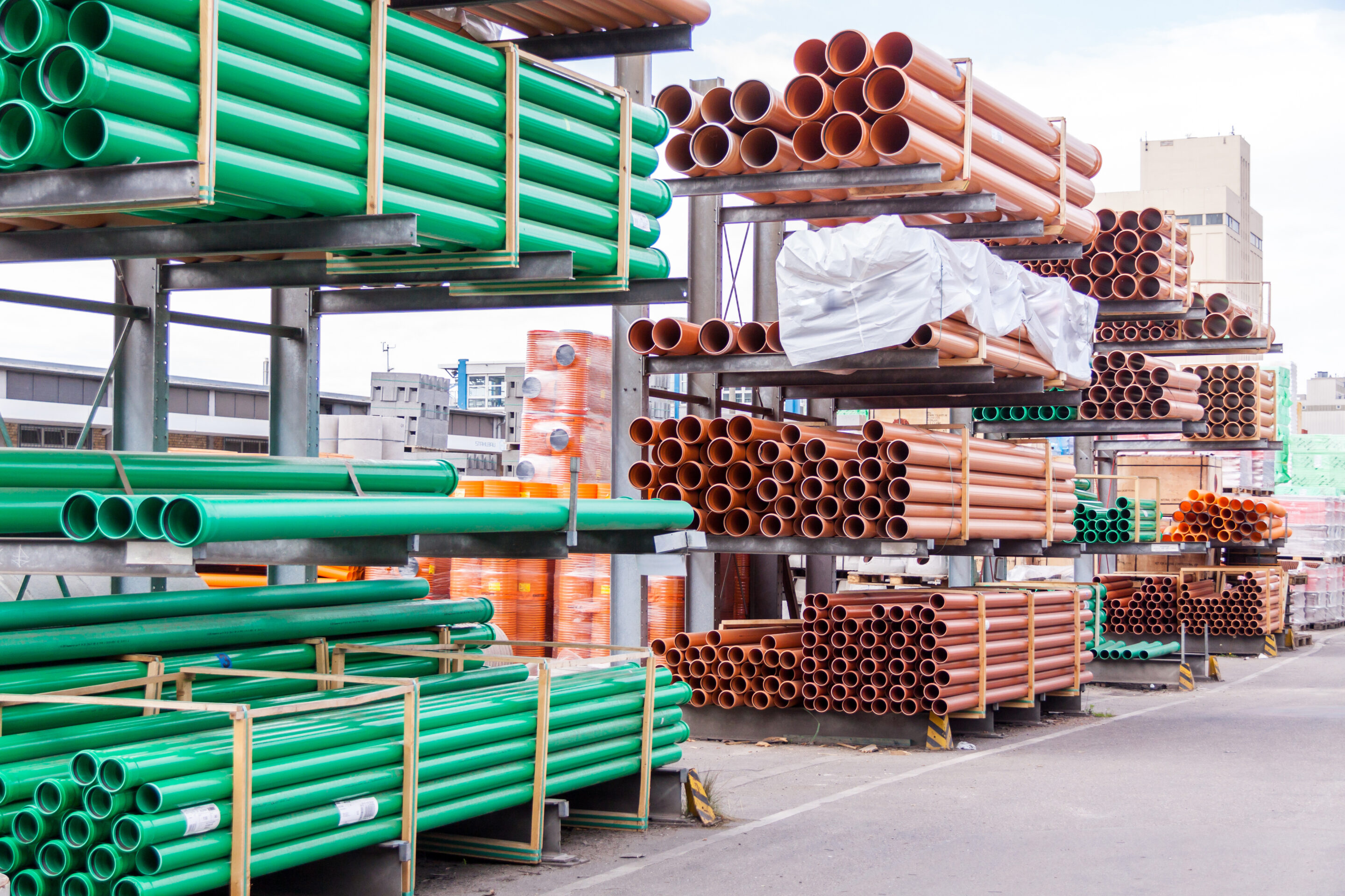 Plastic pipes in a factory or warehouse yard
