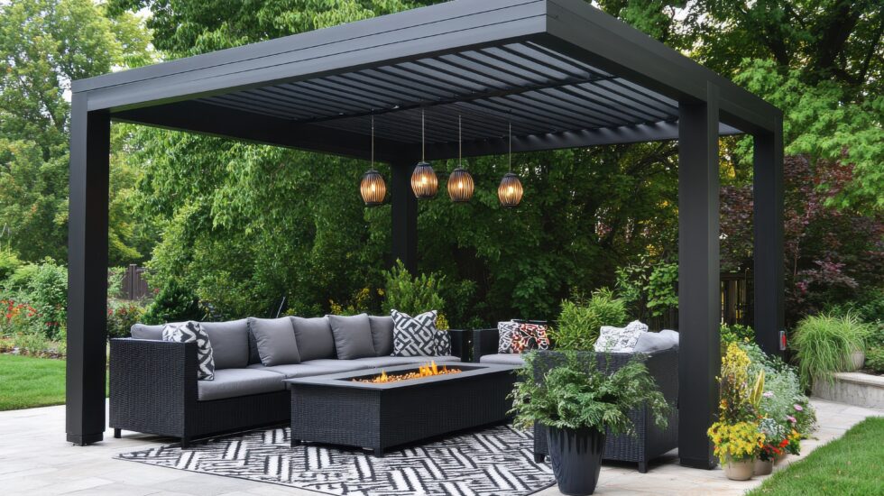 Covered patio with sofa fire pit and hanging lights in a garden setting