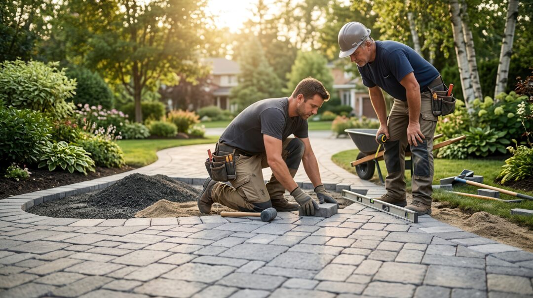 Professional men working as a team to design and construct a large home landscape with paving stone bricks.