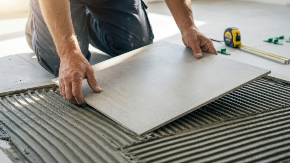 Professional construction worker installing large gray floor tiles over freshly spread adhesive mortar, hands positioning ceramic slab near linear drain, close up renovation and flooring work