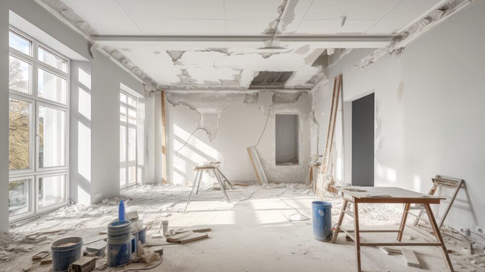 The concept of renovating a room involves preparing an unfinished building interior, specifically a white room in an apartment, for repairs. This includes transforming the room through renovations before and after the process.
