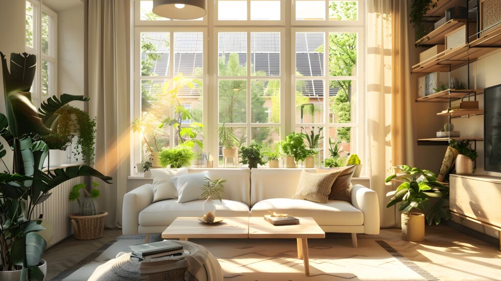 Eco-Friendly Living Room with Solar-Powered Air Conditioning and Thriving Indoor Plants