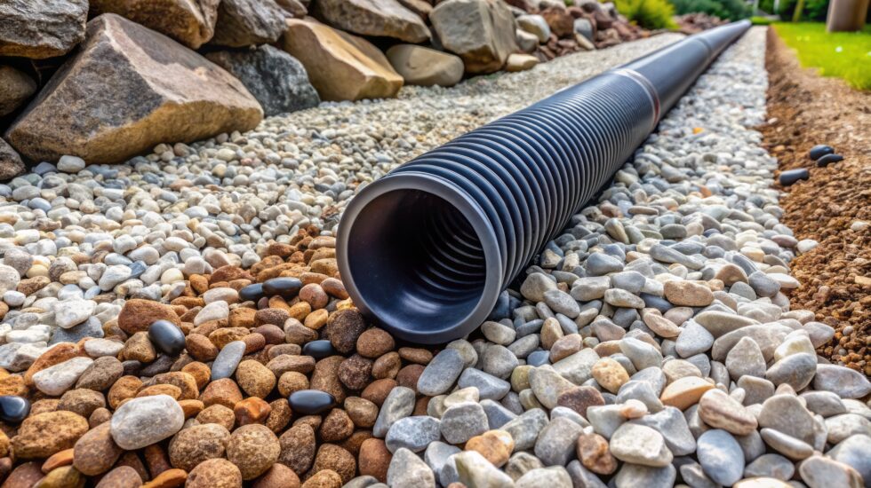 A drainage pipe surrounded by stones and gravel, illustrating a French drain system for effective water runoff management outdoors.